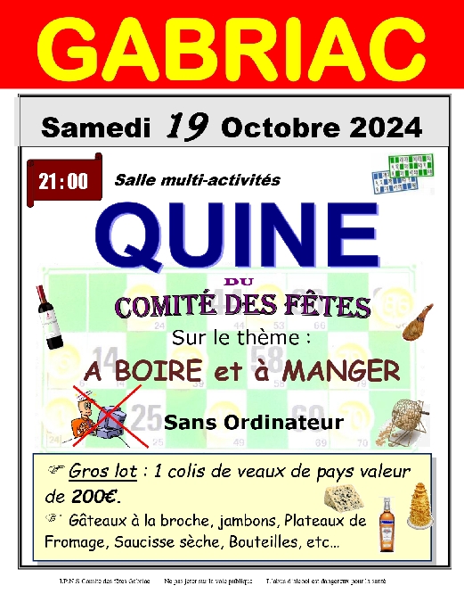 Quine du comité des fêtes Le 19 oct 2024