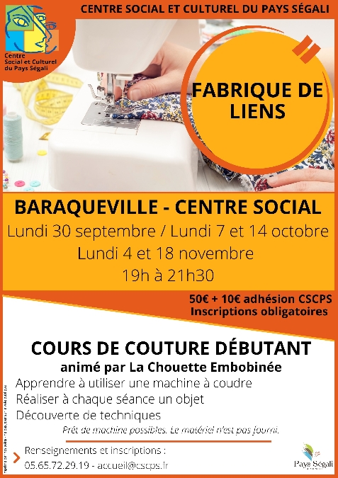 Cours de couture débutant Du 30 sept au 18 nov 2024